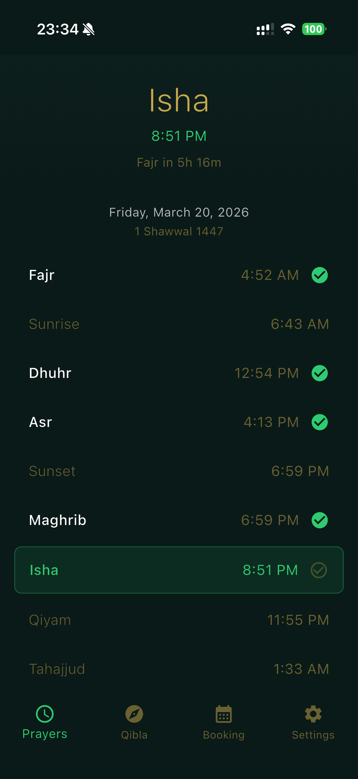 Athan mobile prayer times screen