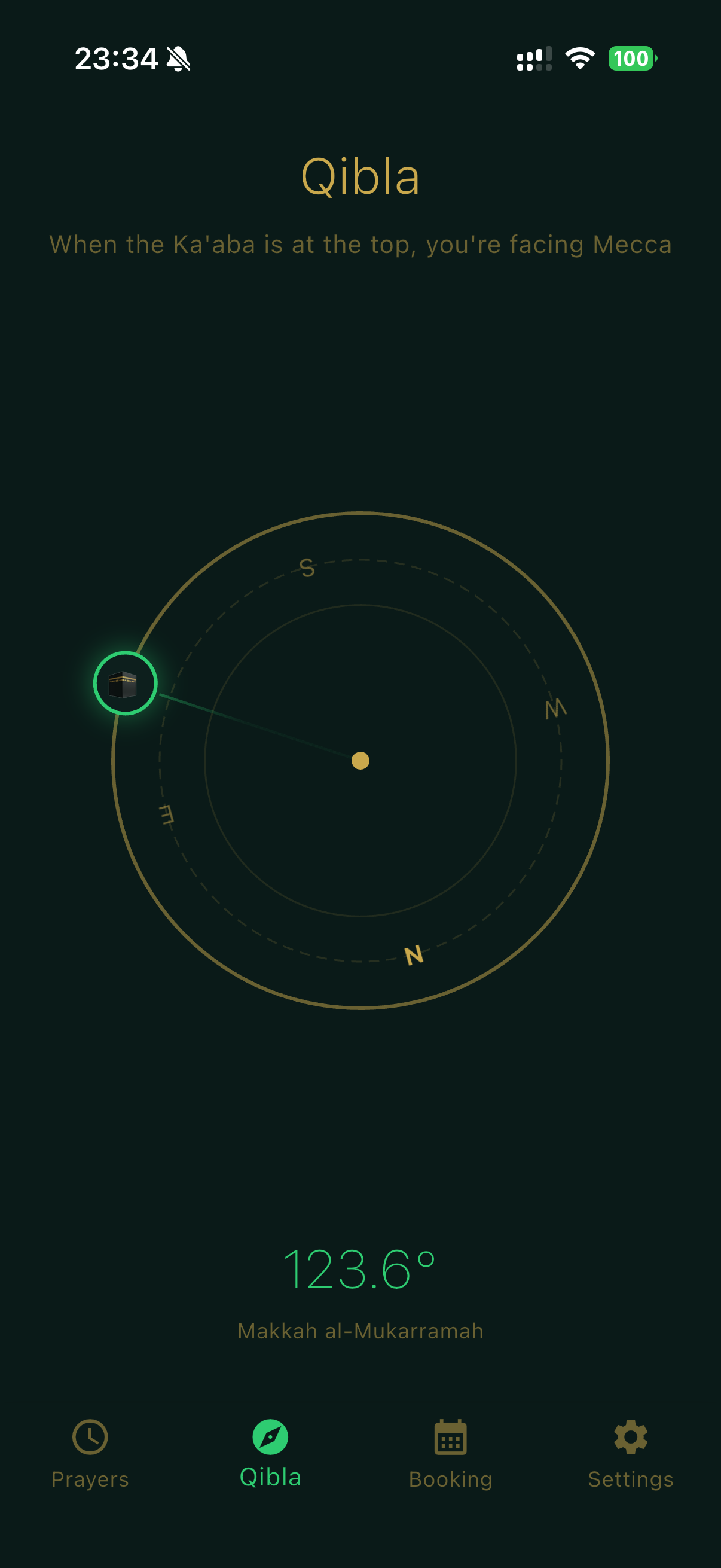 Athan Qibla compass showing direction to Makkah