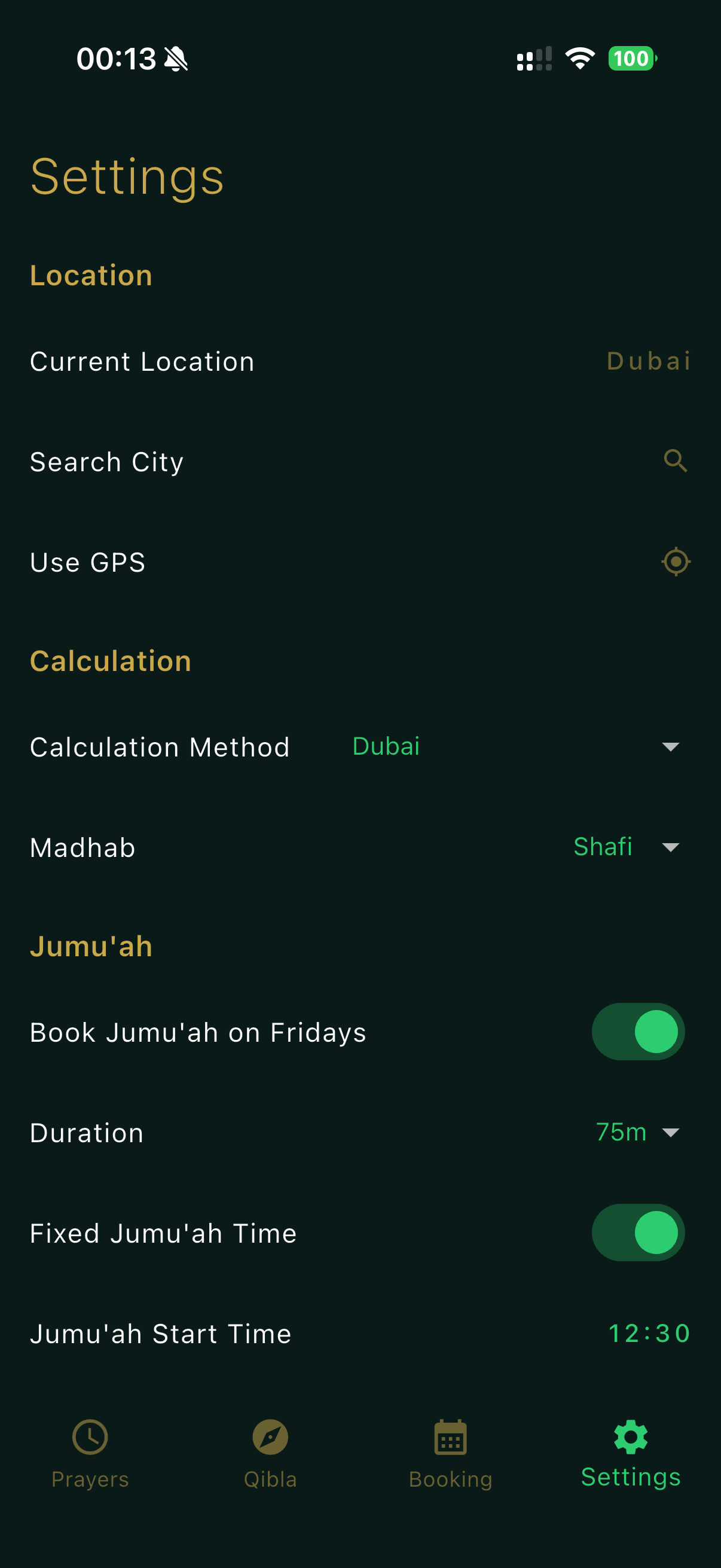 Athan mobile settings — location, calculation, Jumu'ah