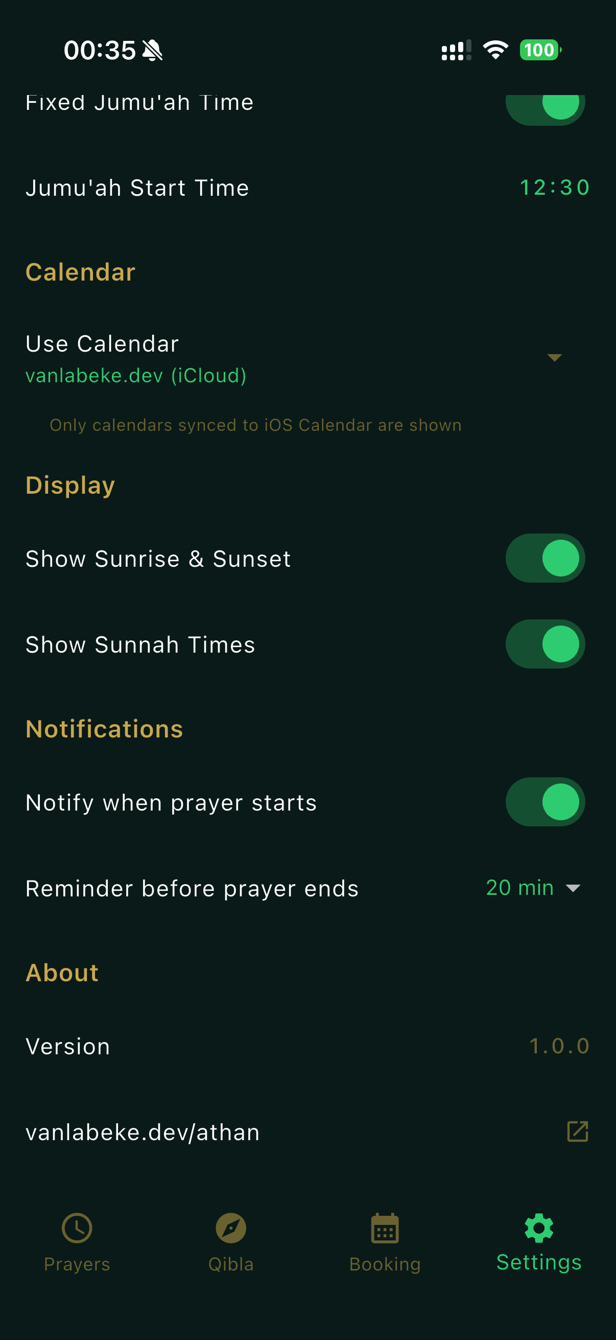 Athan mobile settings — calendar, display, notifications