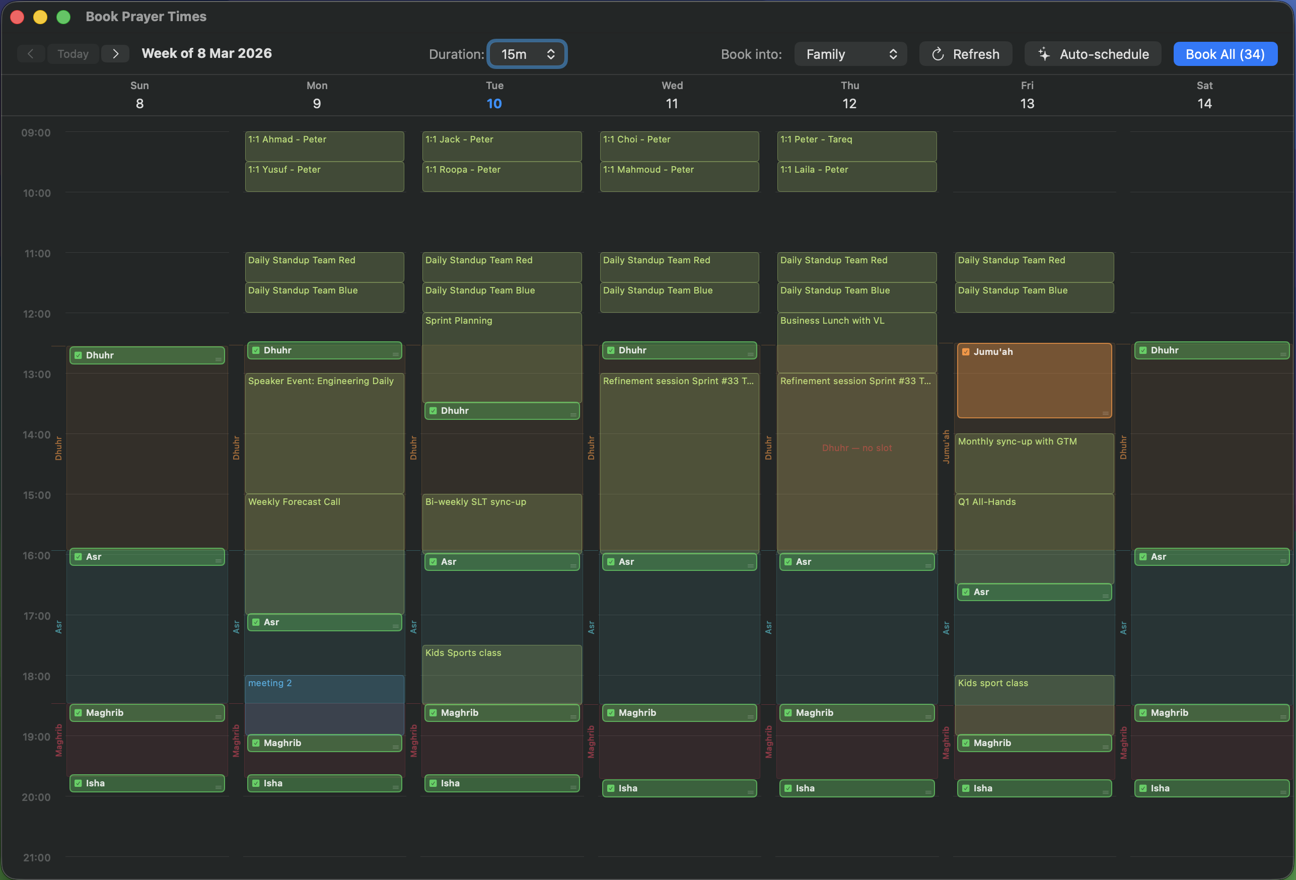 Athan calendar booking view showing prayer slots scheduled around meetings