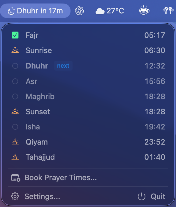 Athan menu bar showing prayer times