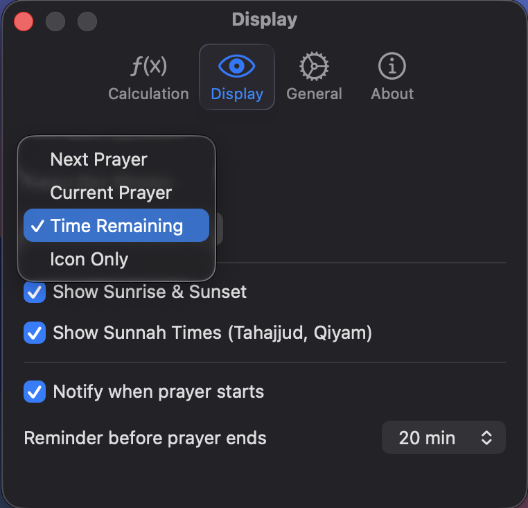 Athan display settings