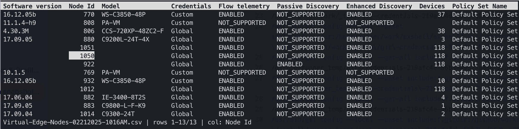 The exshell interactive viewer showing a CSV of network nodes in aligned columns, with a highlighted cell under the cursor and a status bar reading: Virtual-Edge-Nodes-02212025-1016AM.csv | rows 1-13/13 | col: Node Id